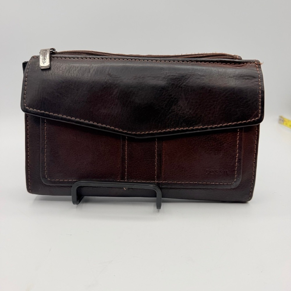 VTG.  Fossil Brown Leather Organizer Clutch Wallet Checkbook ID Card Zip Pockets